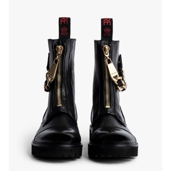 Zadig & Voltaire Joe Cecilia leather combat moto boots with gold chain US size 5 - Picture 4 of 17